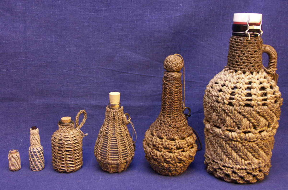 Rope-covered bottles in various sizes